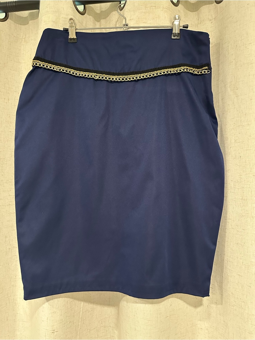 Tailored Navy Pencil Skirt with Gold Chain Accent